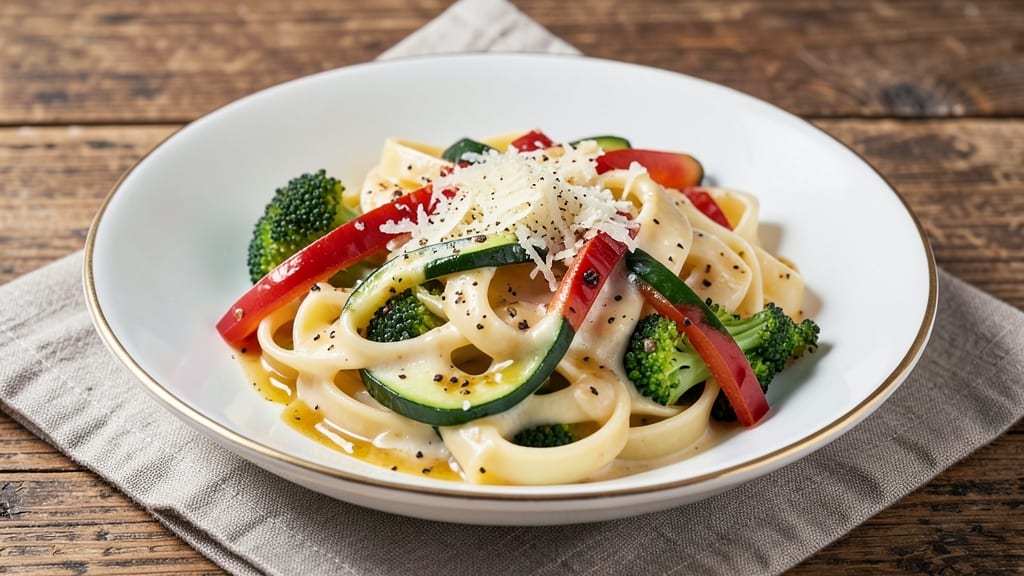 Alfredo Sauce Pasta With Vegetables Recipe: Creamy Parmesan Ribbon Over Roasted Veggies