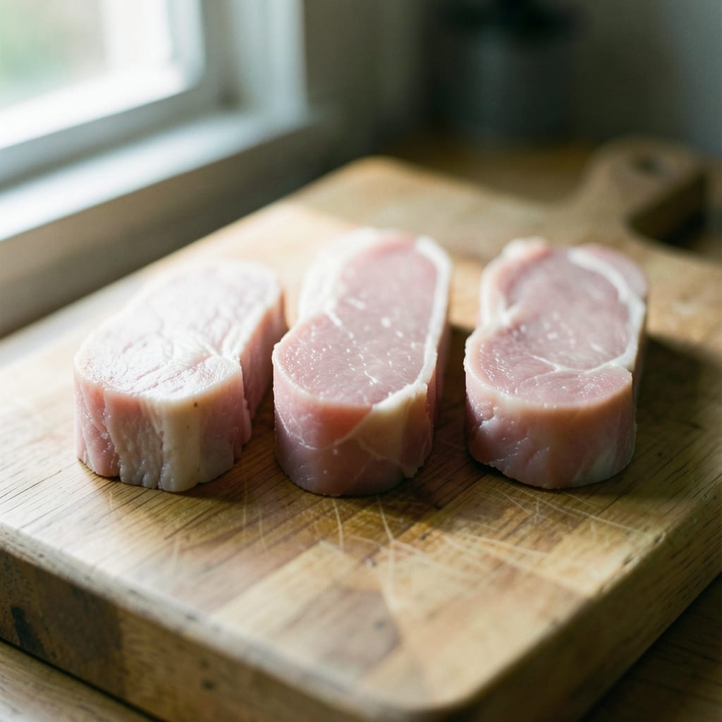 Three chops of different thickness, ready to be tested